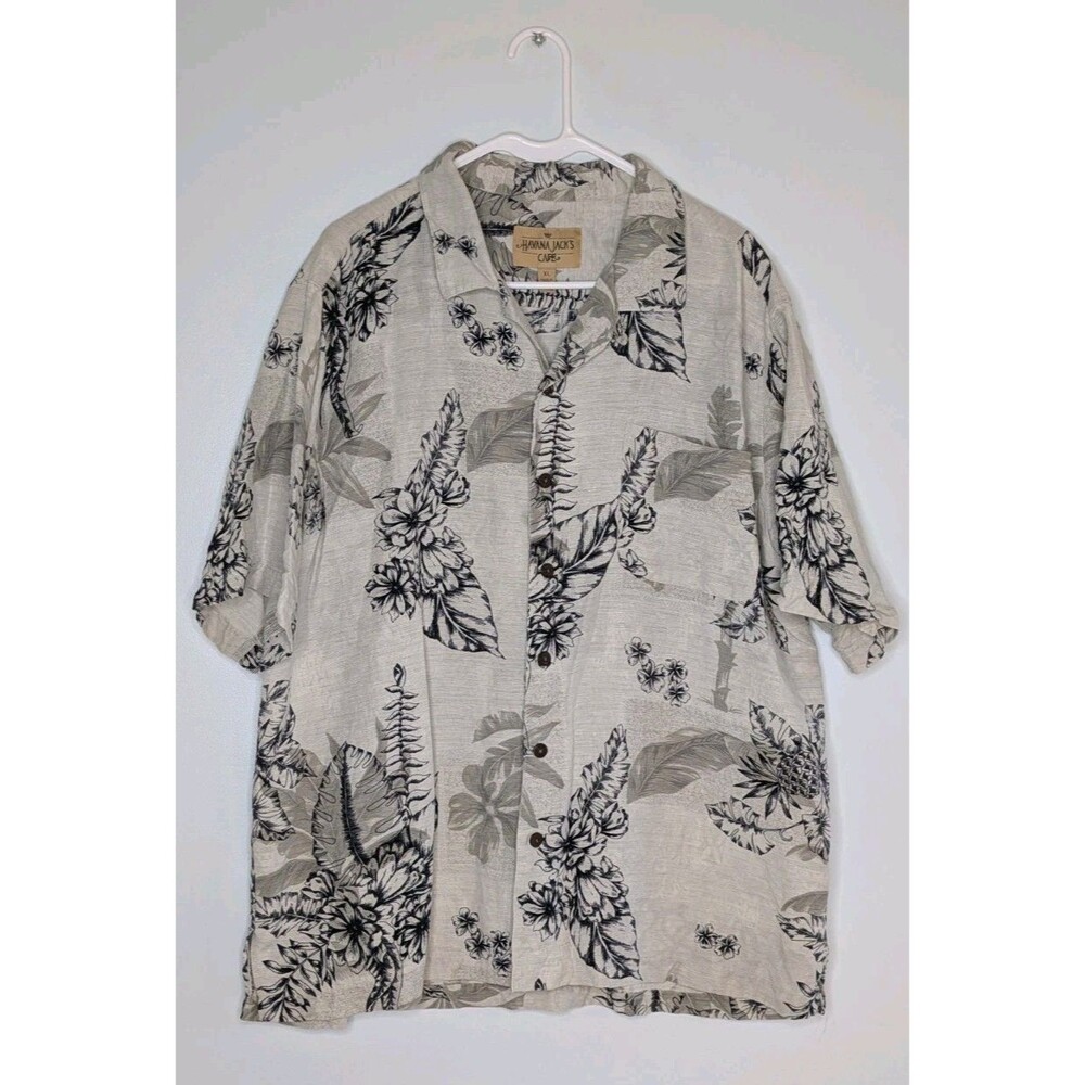 Havana Jack’s Cafe 100% Silk Hawaiian Shirt XL Vintage Black White Tropical